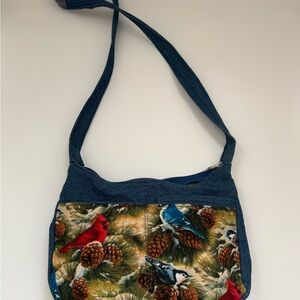 Blue Denim Bird Print Shoulder Bag